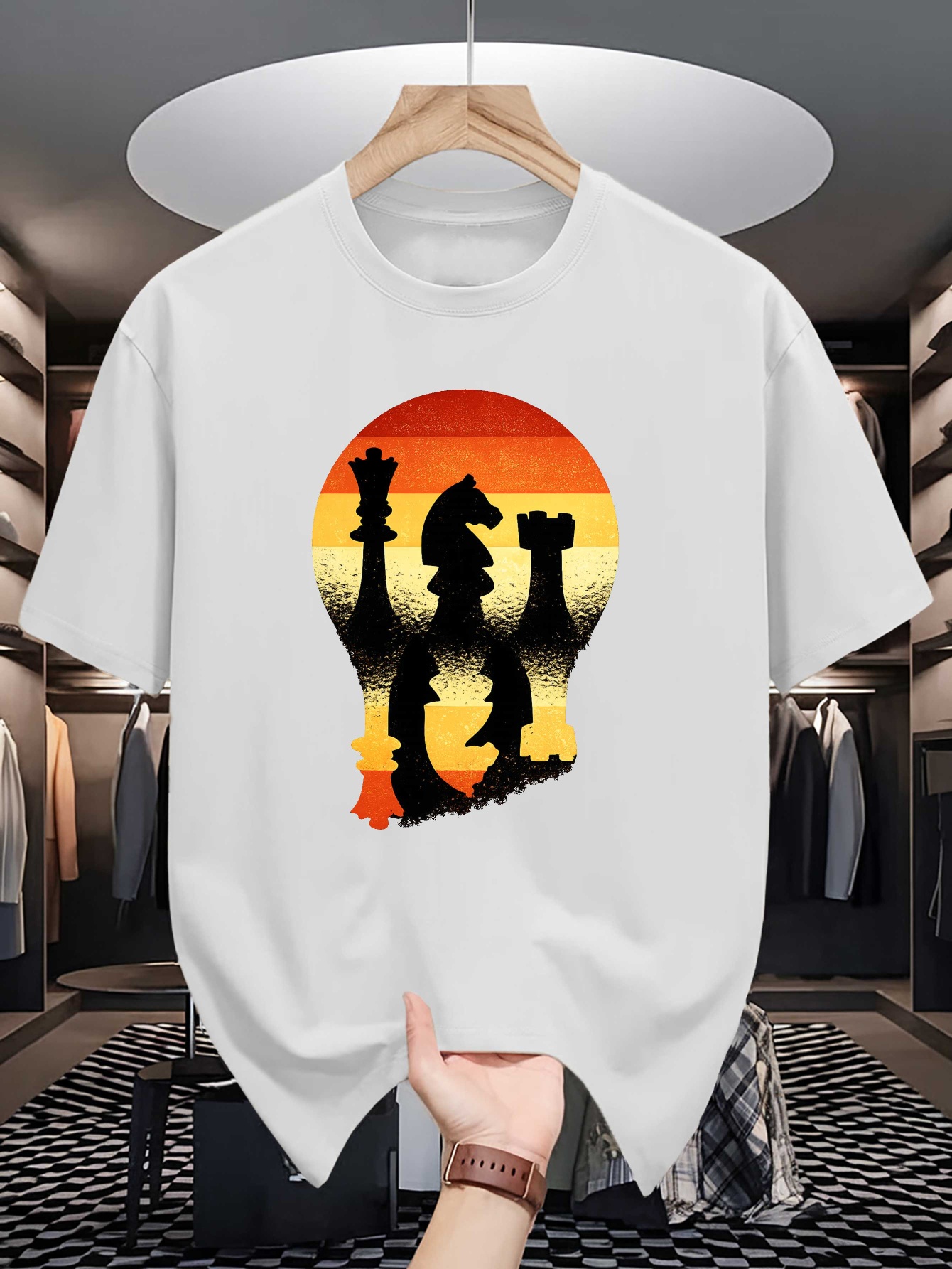 Retro Gaming T Shirts - チェスシルエットサンセット電球プリントメンズクルーネックTシャツヴィンテージボードゲームグラフィック半袖カジュアルコットンデイリートップス