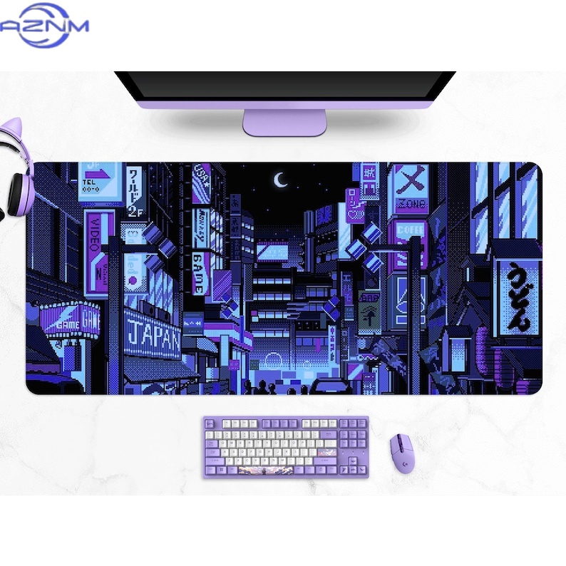 Retro Gaming Tokyo - 東京ストリートデスクマット、レトロなヴェイパーウェーブ、ネオンカラーのピクセルアート、紫色の日本のアニメ、スカイラインシティ、XXLサイズのゲーミングマウスパッド、複数のデザイン