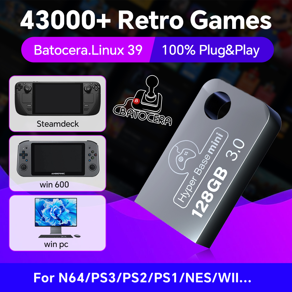 Retro Gaming Design - Batocera-Windows 43000用のUSBフラッシュドライブ,レトロなゲームコンソールps3,ps2,ps1,n64,wii,pc,128 gb用のスティック