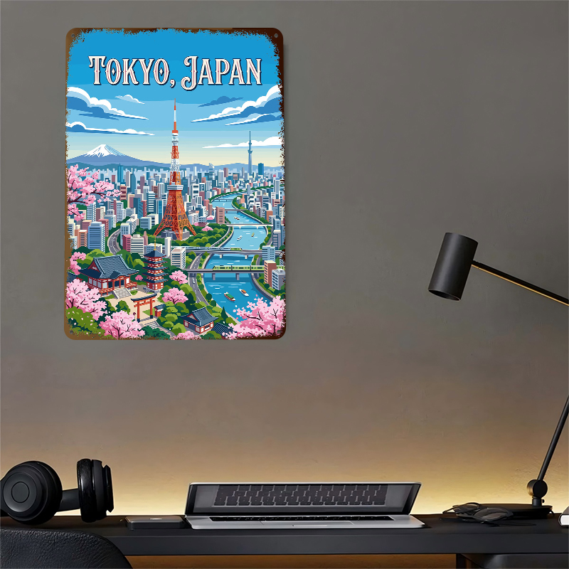 桜の咲く東京の街並みブリキポスターカスタマイズされたウォール - Retro Gaming Tokyo のレビューと価格